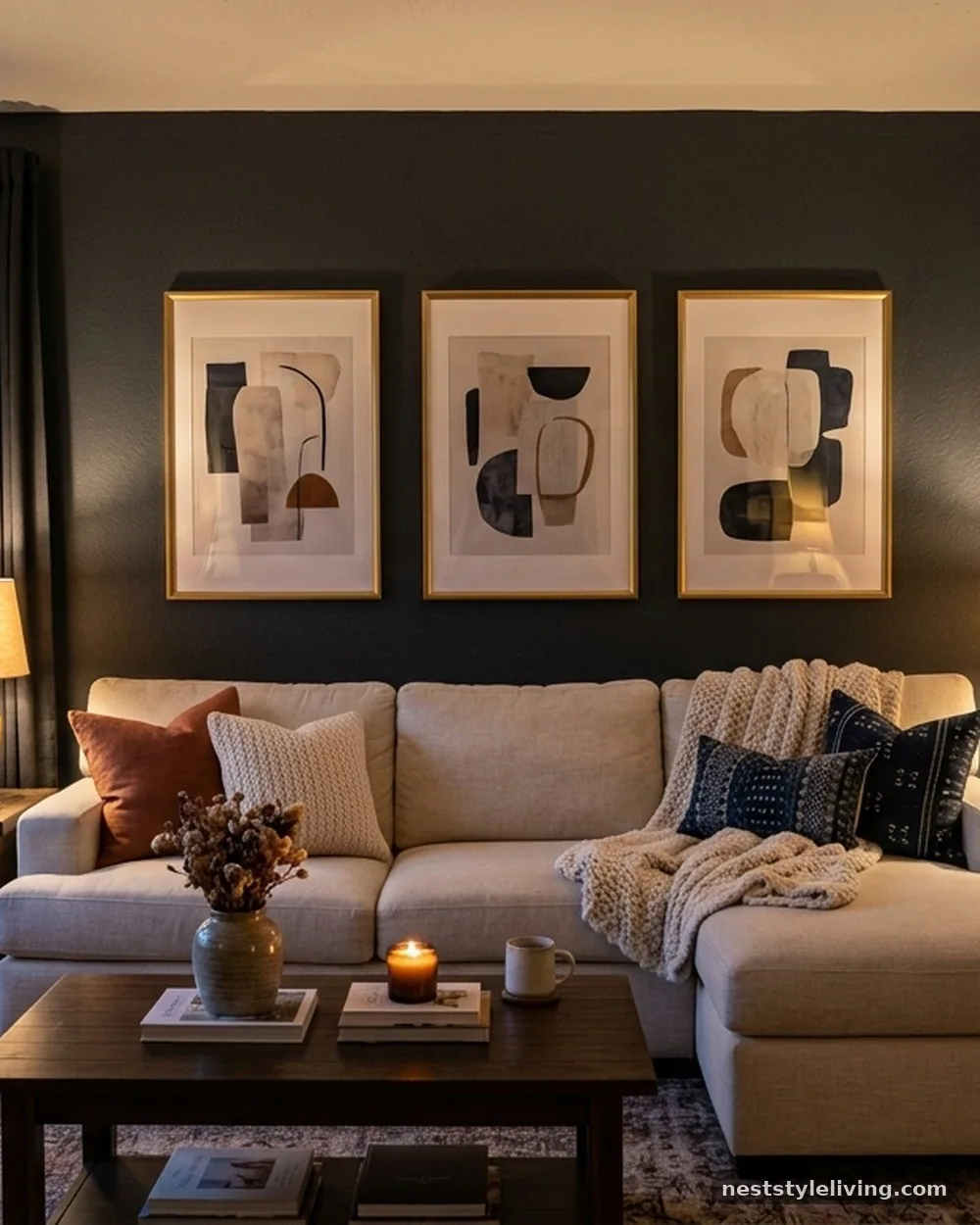 Dark Charcoal Feature Wall - 19 Afro Boho Living Room Ideas Full of Warmth and Style