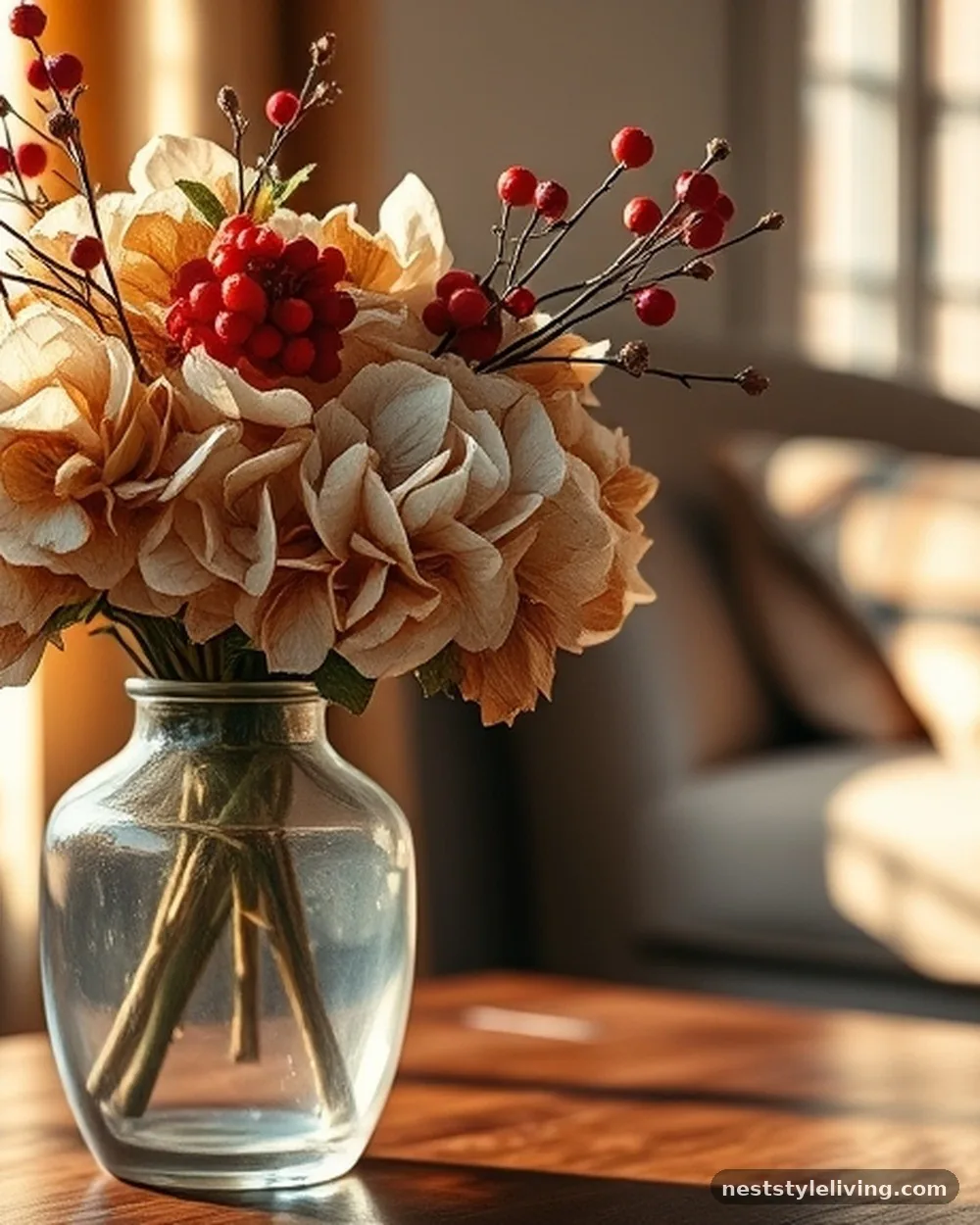 Dried Hydrangea and Berry Arrangements - 20 Christmas Living Room Ideas for a Cozy Home