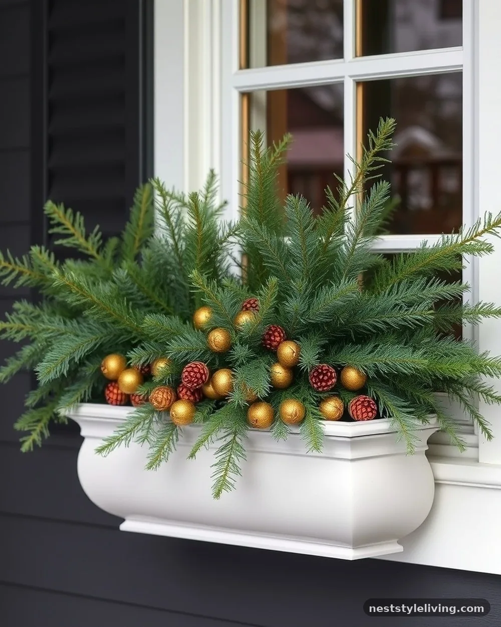 Fraser Fir and Gilded Pinecones - 19 Winter Window Box Ideas That Add Instant Charm