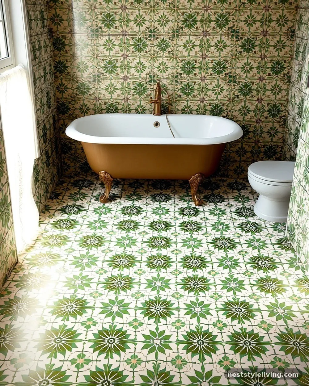 Green Patterned Cement Tiles - 22 Green Bathroom Ideas for a Fresh, Serene Space