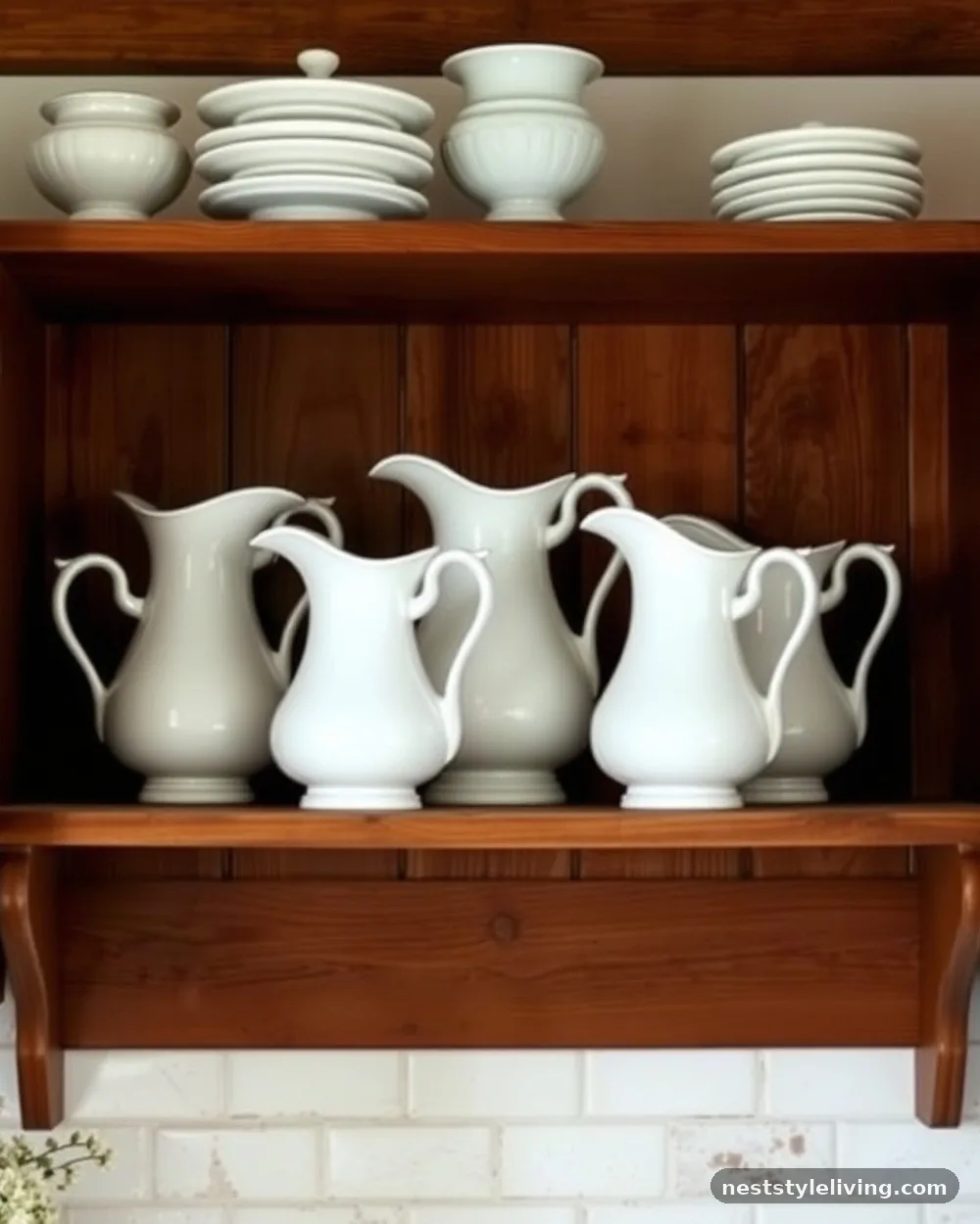 Ironstone Pitcher Displays - 23 Farmhouse Cottage Kitchen Ideas for Timeless Charm