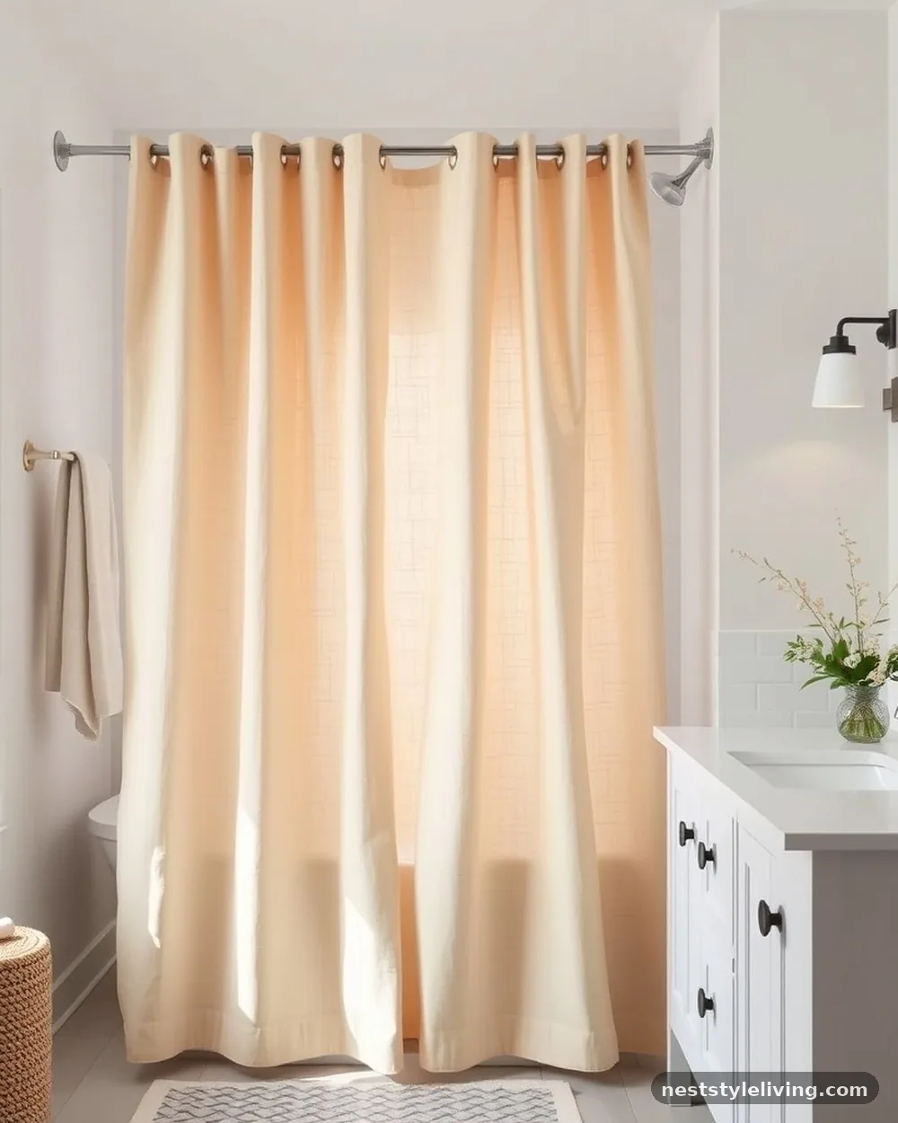 Neutral Linen Shower Curtain - 20 Modern Farmhouse Bathroom Ideas to Copy Now