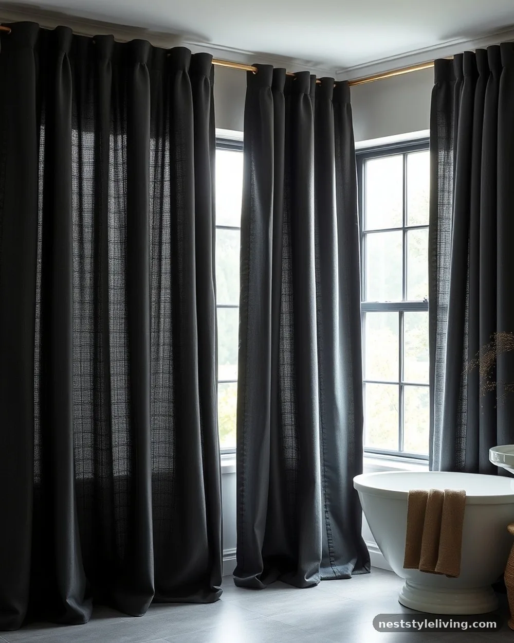 Floor-Length Heavy Linen Curtains - 21 Dark Moody Bathroom Ideas for a Dramatic Look