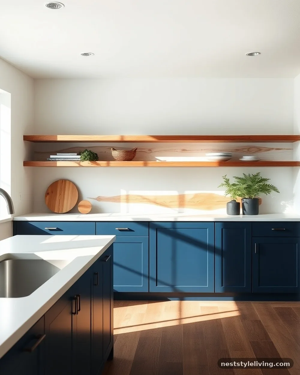 Navy Lower and Open Wood Shelving - 22 Two Tone Kitchen Cabinet Ideas to Try at Home