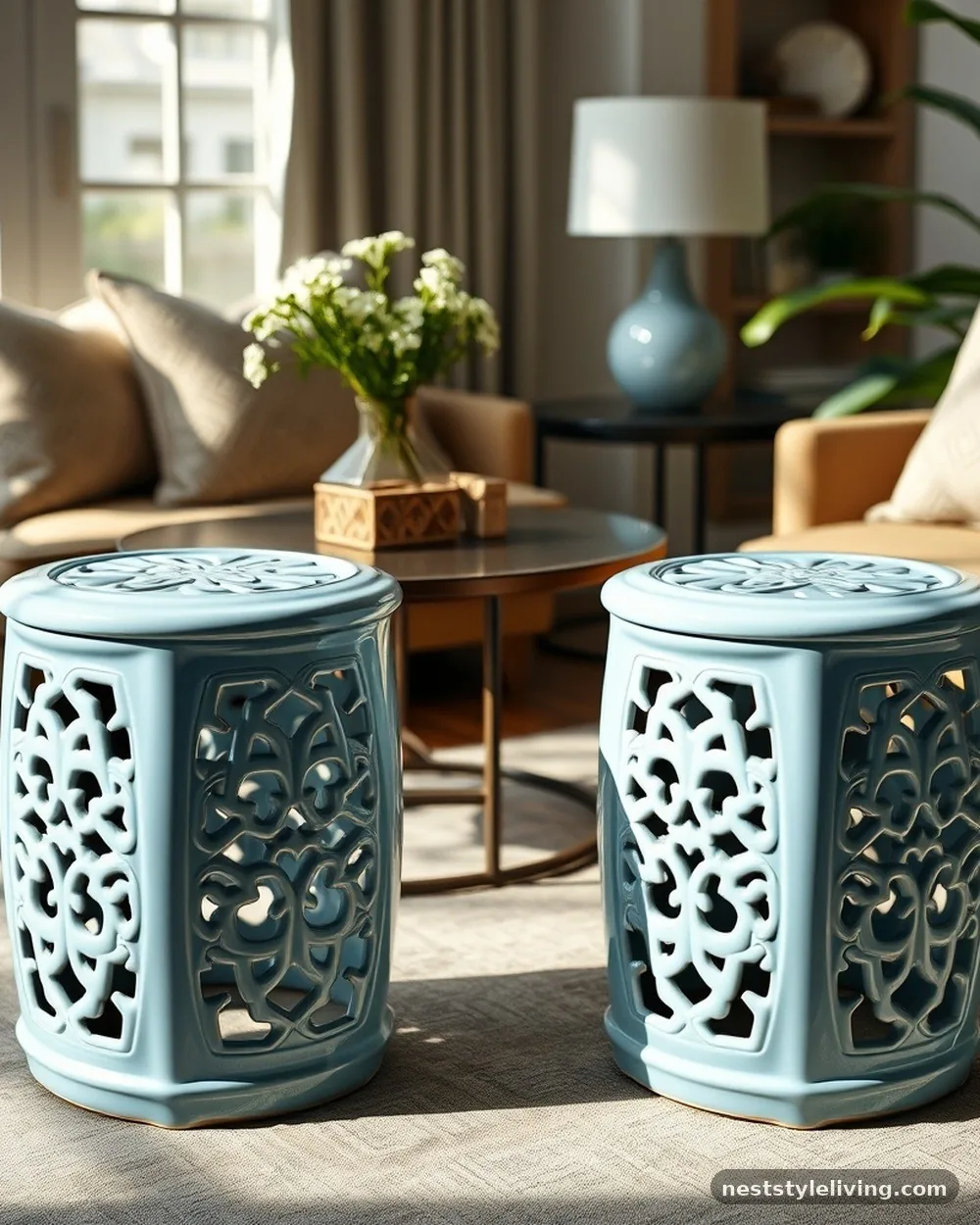 Periwinkle Blue Ceramic Garden Stools - 19 Blue Living Room Ideas That Make a Bold Statement