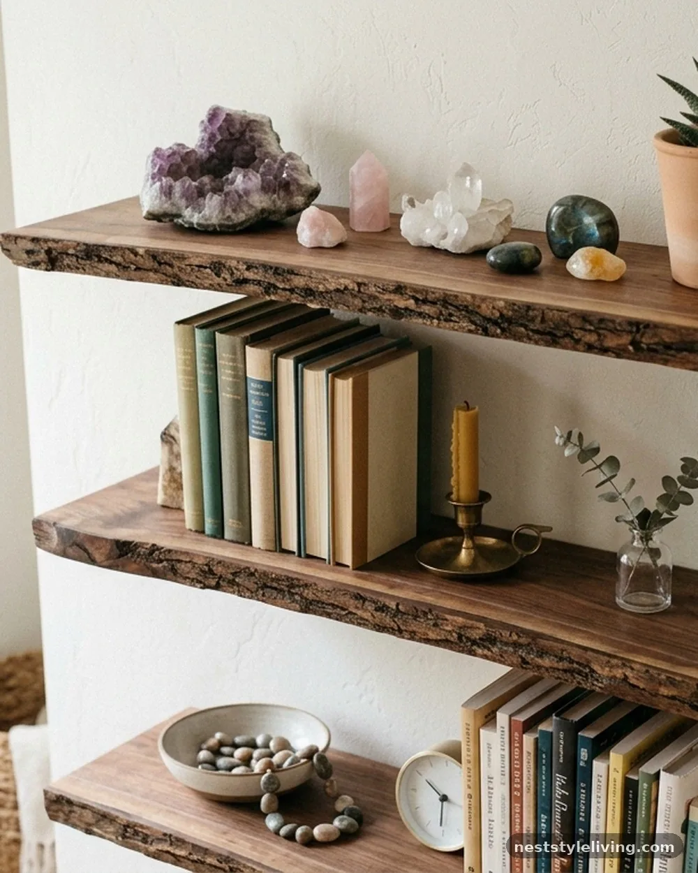 Raw Edge Wood Shelving - 18 Earthy Boho Bedroom Ideas for a Calm Cozy Retreat