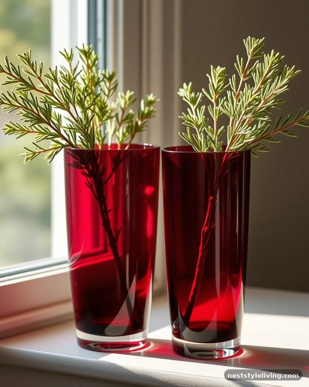 Burgundy Glass Vases with Greenery - 19 Burgundy Christmas Decorations That Look Expensive