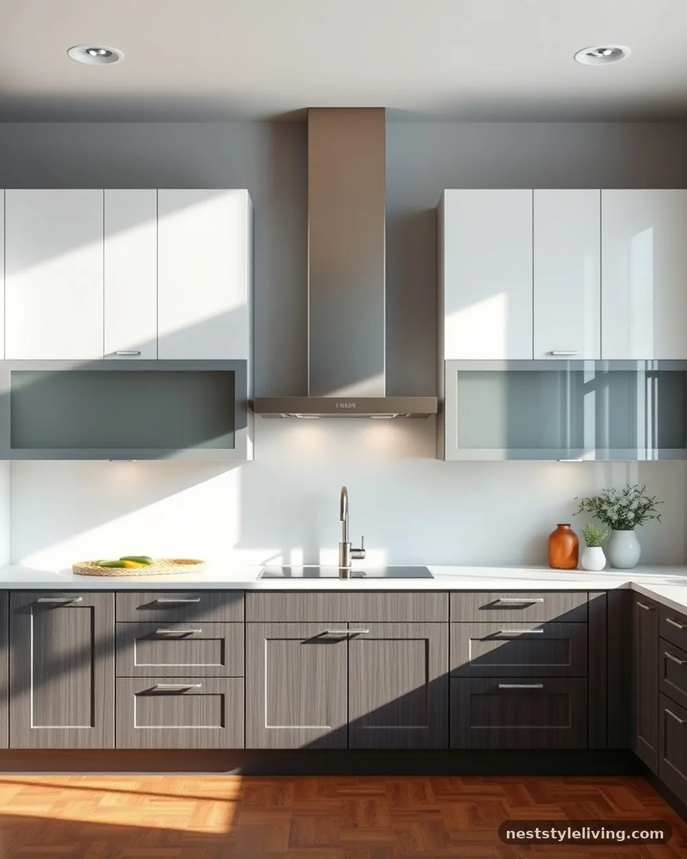High-Gloss White and Grey Wood - 22 Two Tone Kitchen Cabinet Ideas to Try at Home