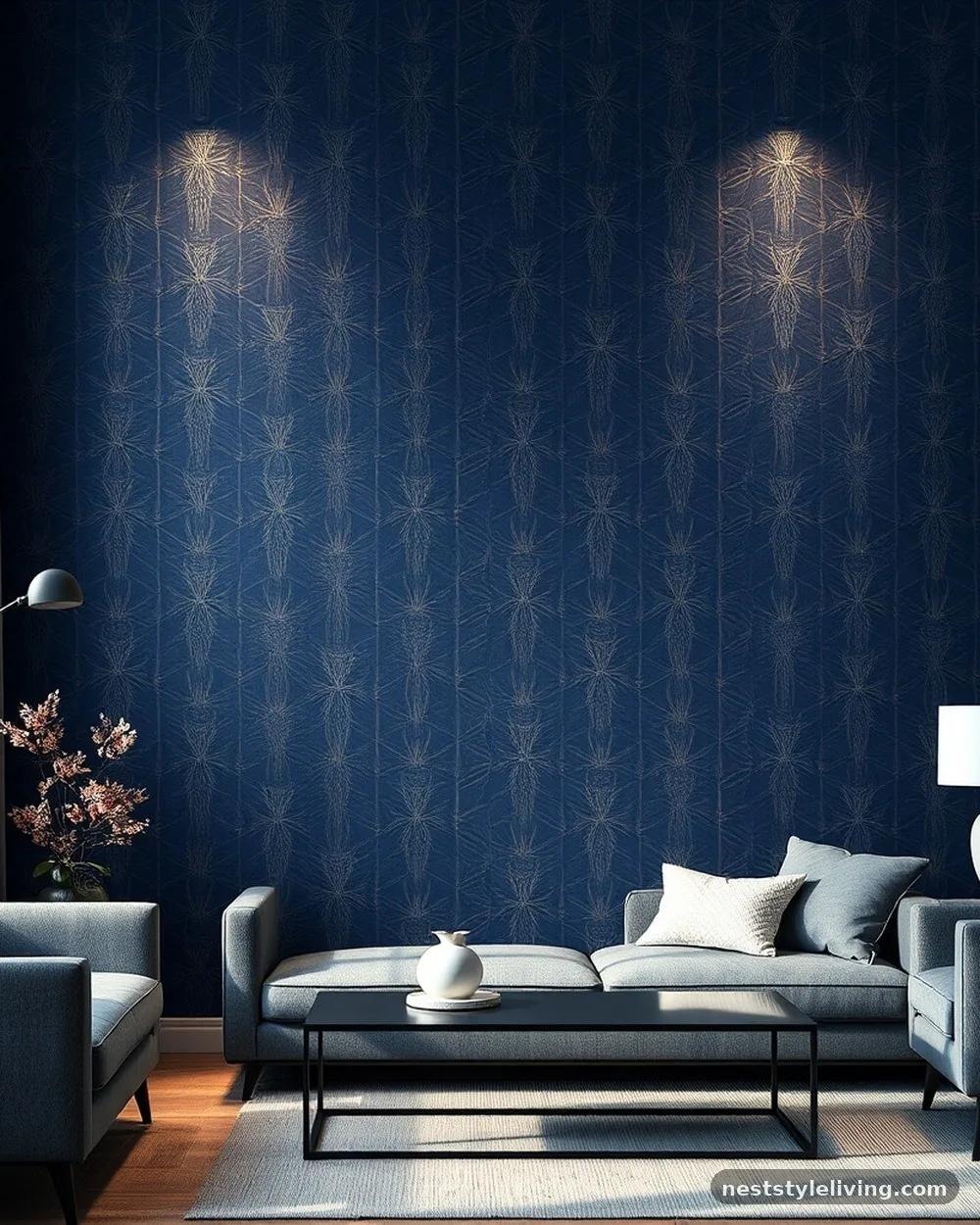 Navy Blue Patterned Wallpaper - 19 Blue Living Room Ideas That Make a Bold Statement