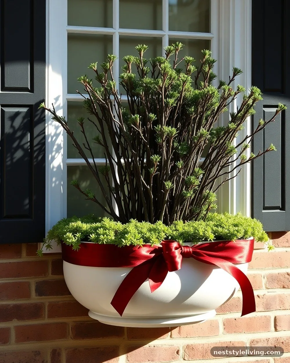 Yew and Red Velvet Ribbon - 19 Winter Window Box Ideas That Add Instant Charm