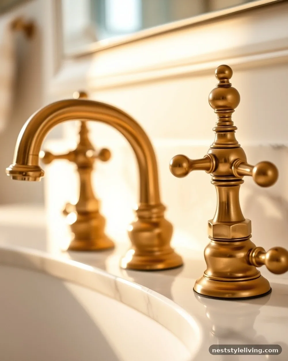 Antique Brass Faucet Handles - 20 Modern Farmhouse Bathroom Ideas to Copy Now