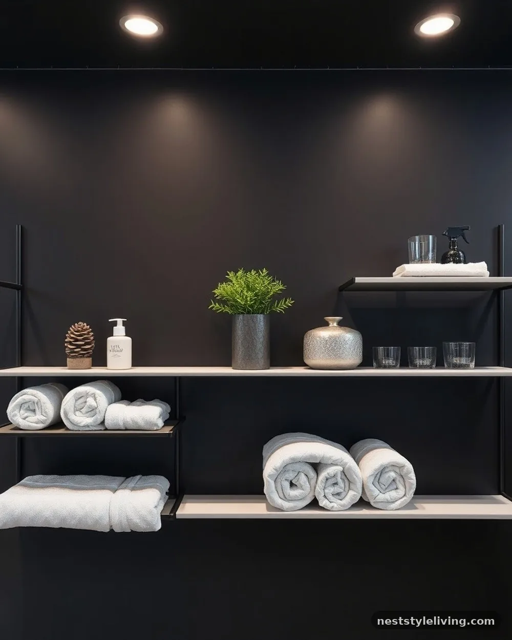 Blackened Steel Open Shelving - 21 Dark Moody Bathroom Ideas for a Dramatic Look