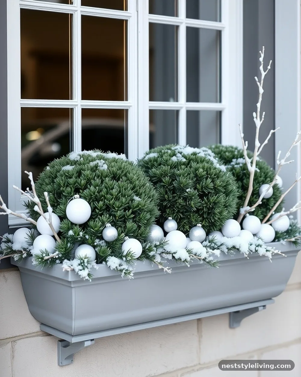 Mugo Pine and White Ornamentation - 19 Winter Window Box Ideas That Add Instant Charm