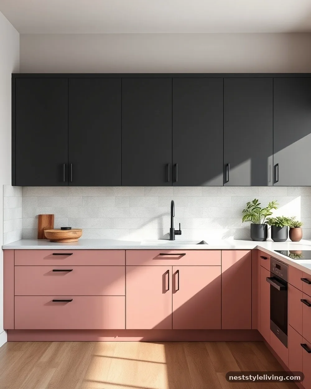 Soft Pink and Dark Grey - 22 Two Tone Kitchen Cabinet Ideas to Try at Home