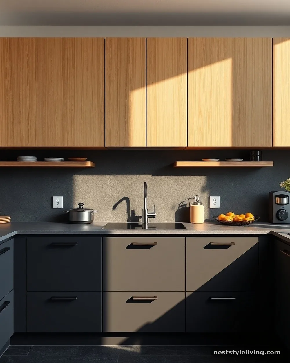 Charcoal Lower and Natural Oak Uppers - 22 Two Tone Kitchen Cabinet Ideas to Try at Home