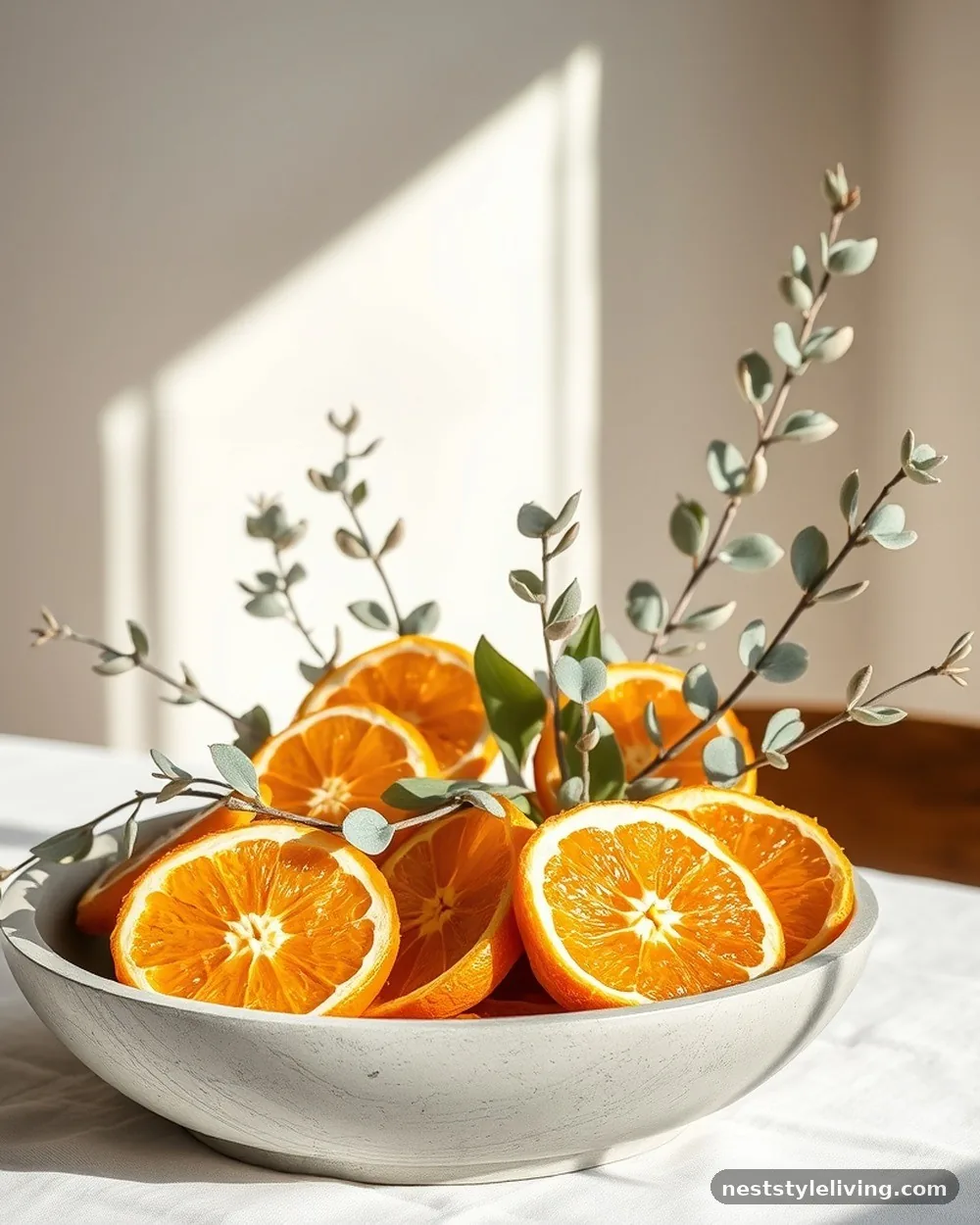Monochromatic Dried Citrus and Eucalyptus - 17 DIY Christmas Centerpieces for a Bougie Holiday