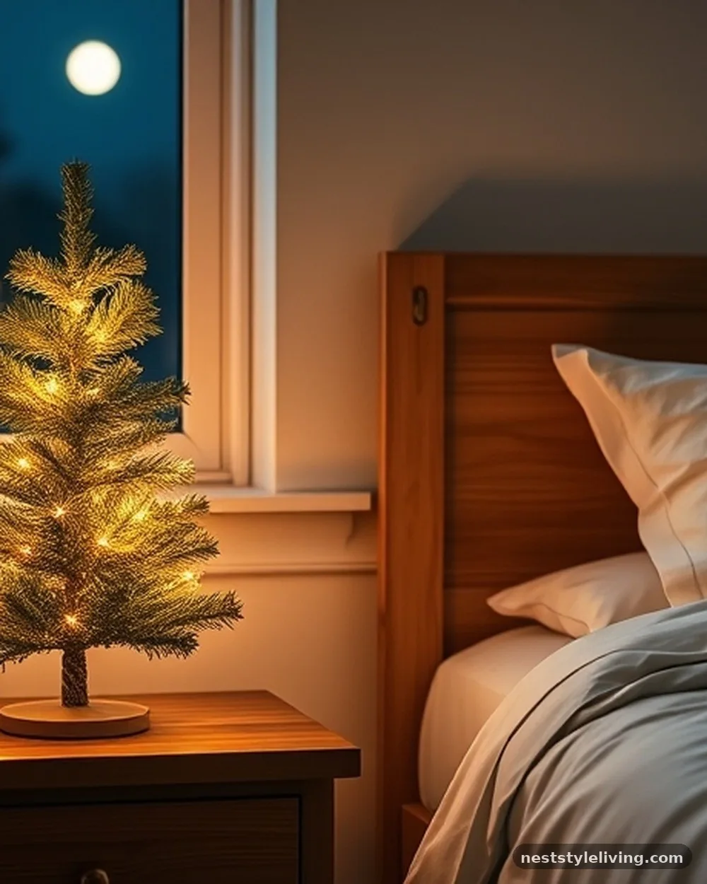 Pre-lit Mini Christmas Tree on the Nightstand - 17 Christmas Bedroom Decor Ideas for a Cozy Holiday