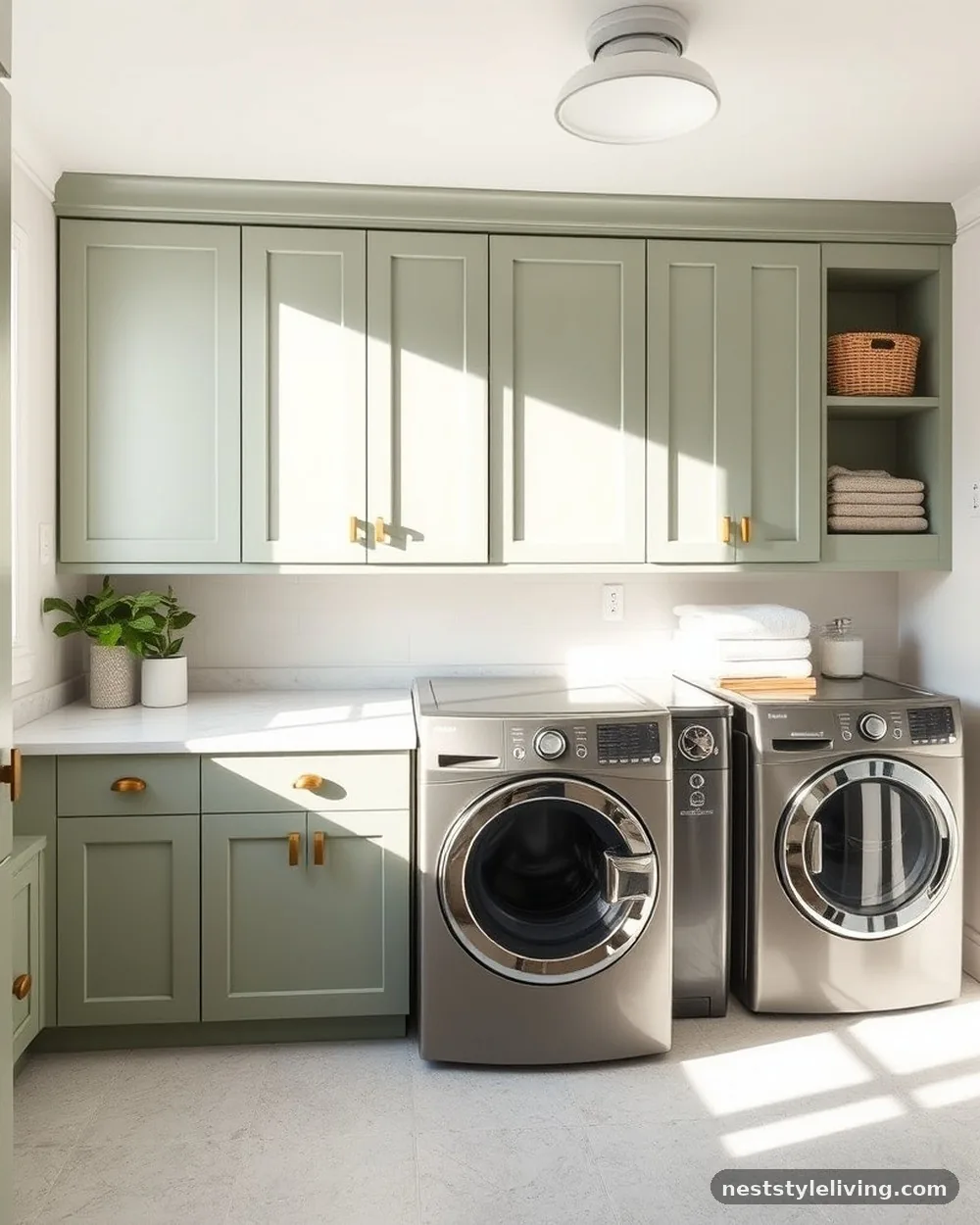 Shaker-Style Cabinetry in Sage Green - 23 Farmhouse Laundry Room Ideas for a Cozy Space