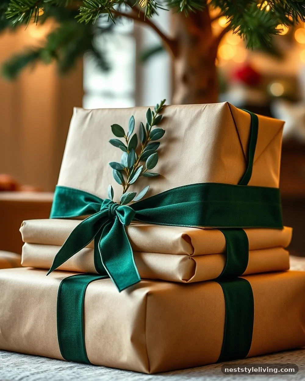Eucalyptus and Ribbon Gift Toppers - 20 Timeless Christmas Home Ideas for Cozy Holidays
