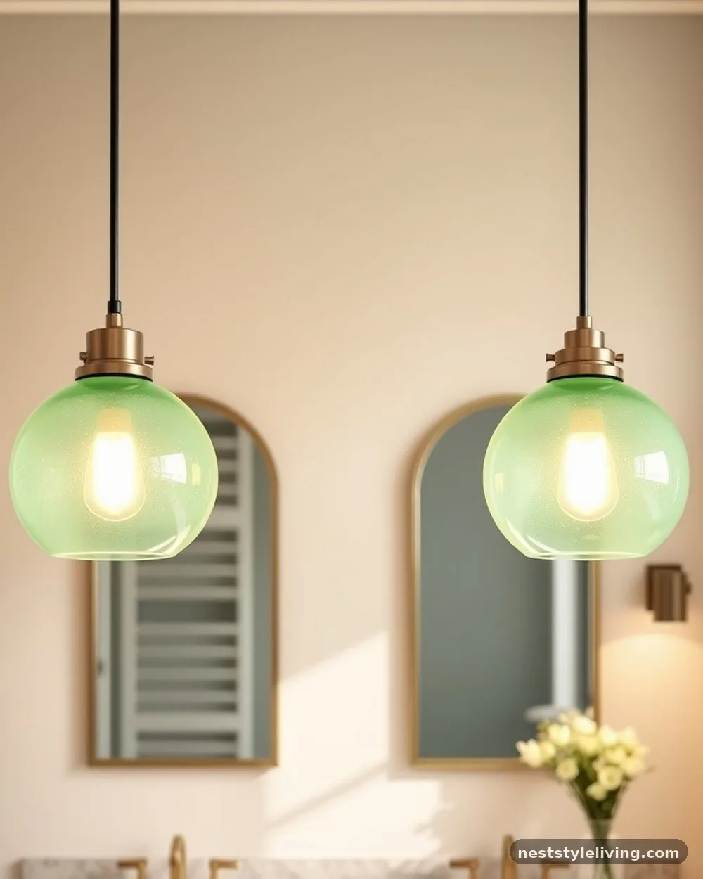 Green Glass Pendant Lights - 22 Green Bathroom Ideas for a Fresh, Serene Space