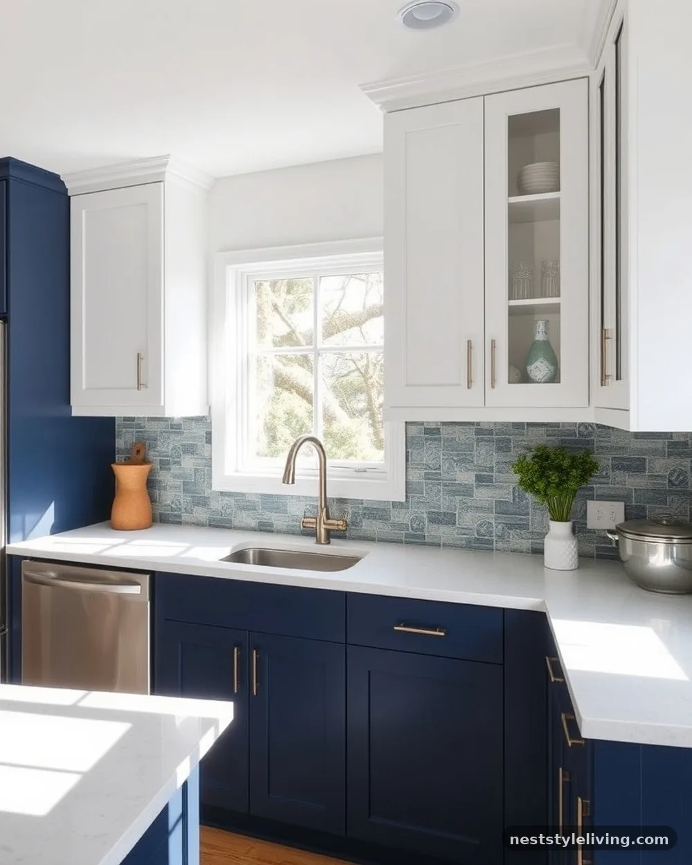 Navy and White with Patterned Tile - 22 Two Tone Kitchen Cabinet Ideas to Try at Home