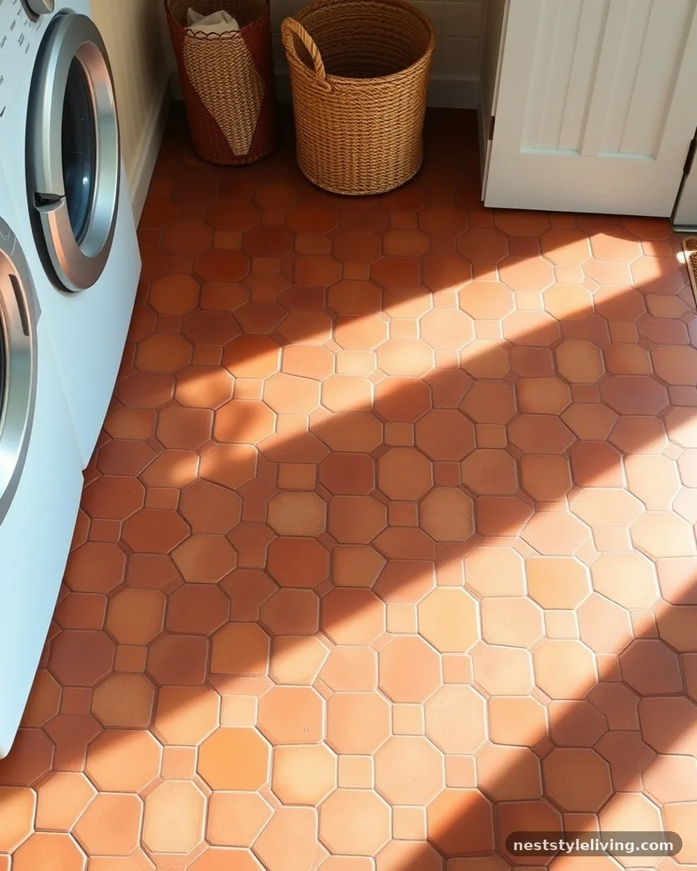 Hexagonal Terra Cotta Floor Tiles - 23 Farmhouse Laundry Room Ideas for a Cozy Space