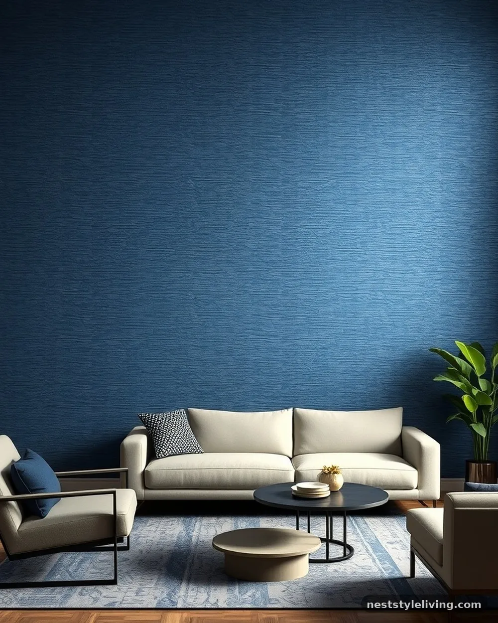 Indigo Grasscloth Wallcovering - 19 Blue Living Room Ideas That Make a Bold Statement