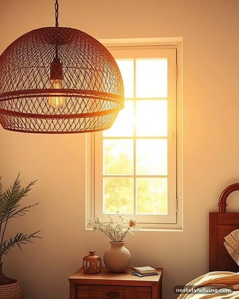 Rattan Pendant Lighting - 19 Boho Bedroom Ideas That Feel Warm and Inviting