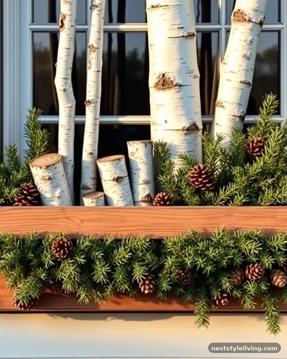 White Birch Logs and Pinecones - 19 Winter Window Box Ideas That Add Instant Charm