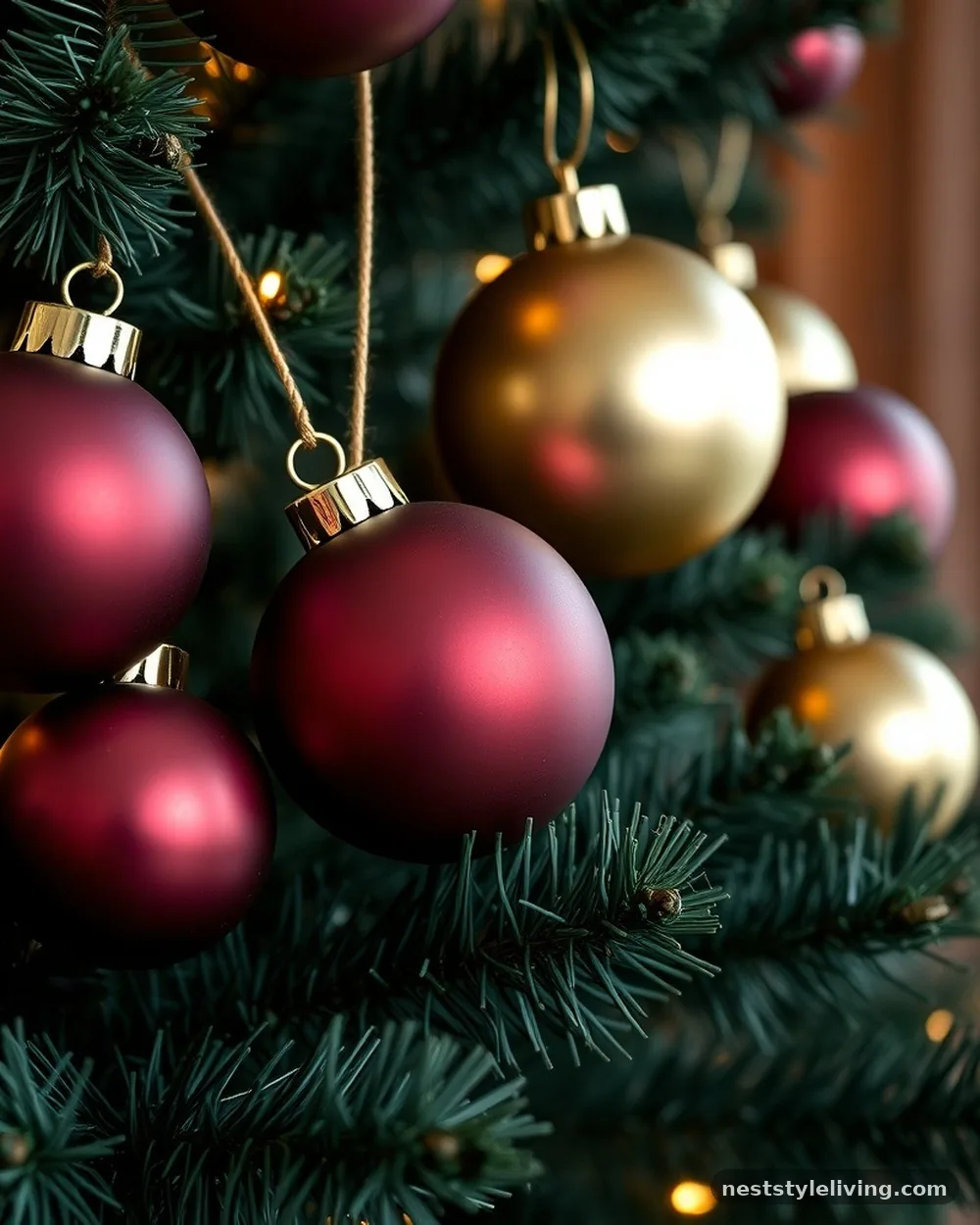 Brushed Gold and Burgundy Baubles - 19 Burgundy Christmas Decorations That Look Expensive