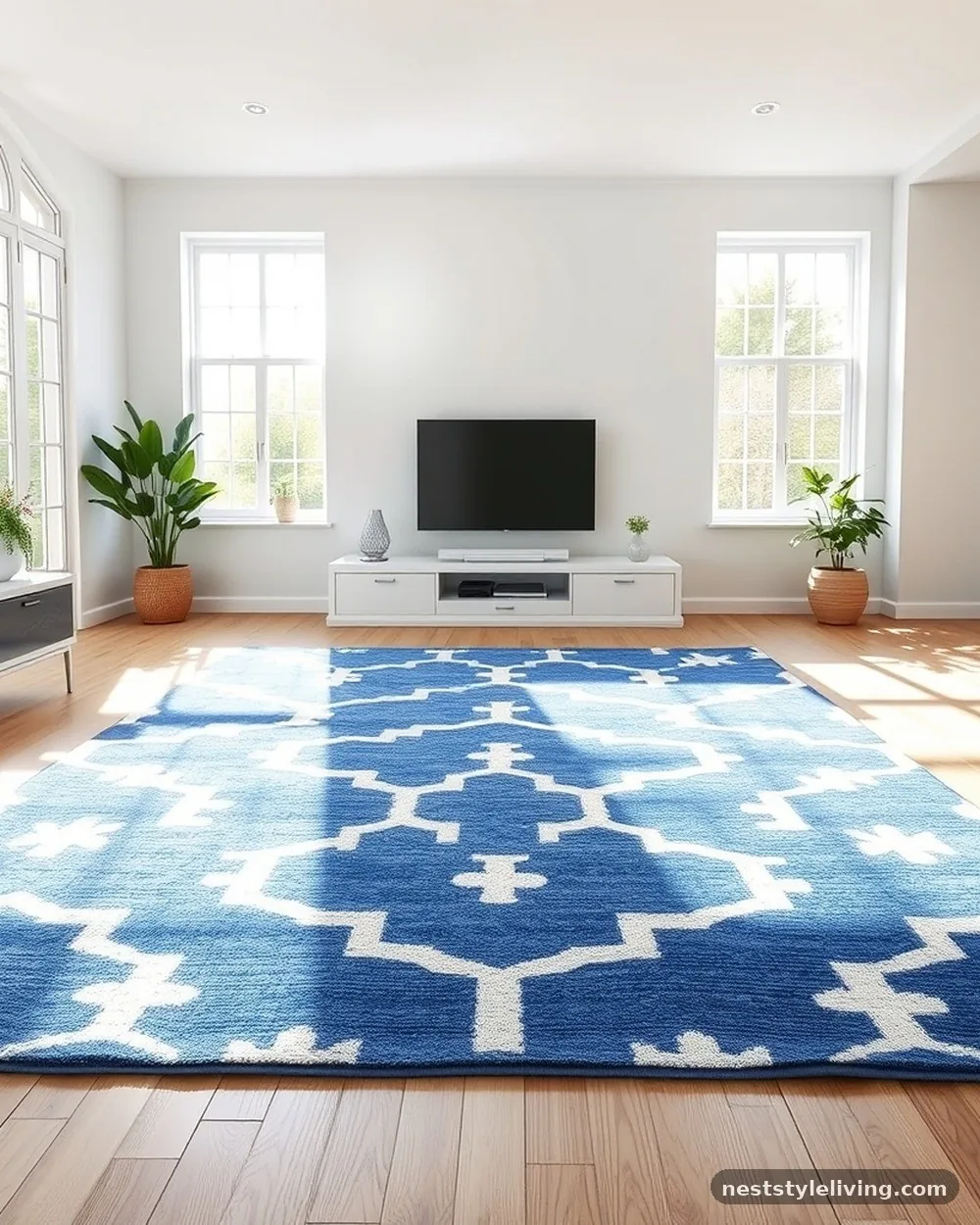 Cobalt Blue Geometric Area Rug - 19 Blue Living Room Ideas That Make a Bold Statement