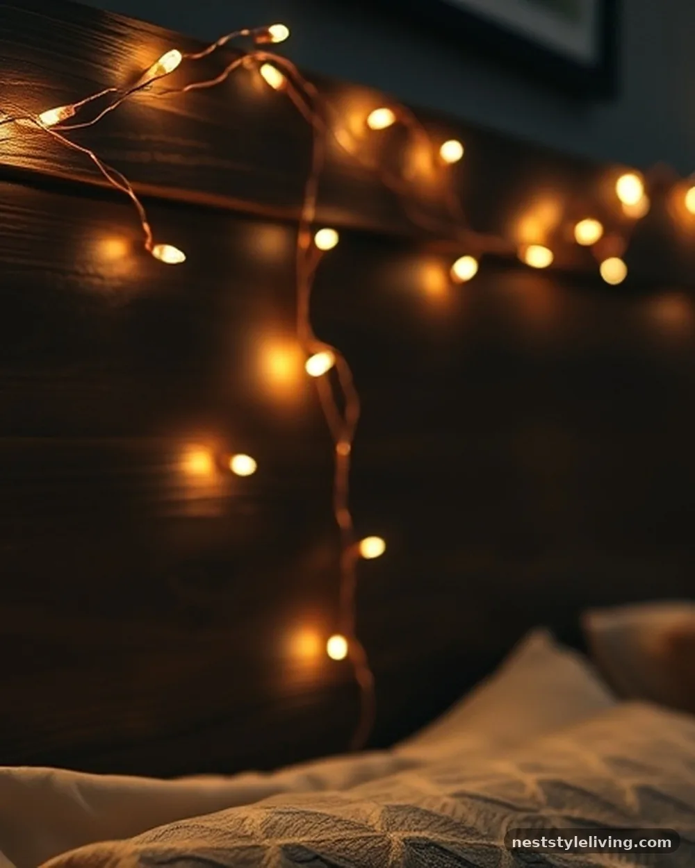 Copper-Tone Fairy Lights Wrapped Around the Headboard - 17 Christmas Bedroom Decor Ideas for a Cozy Holiday