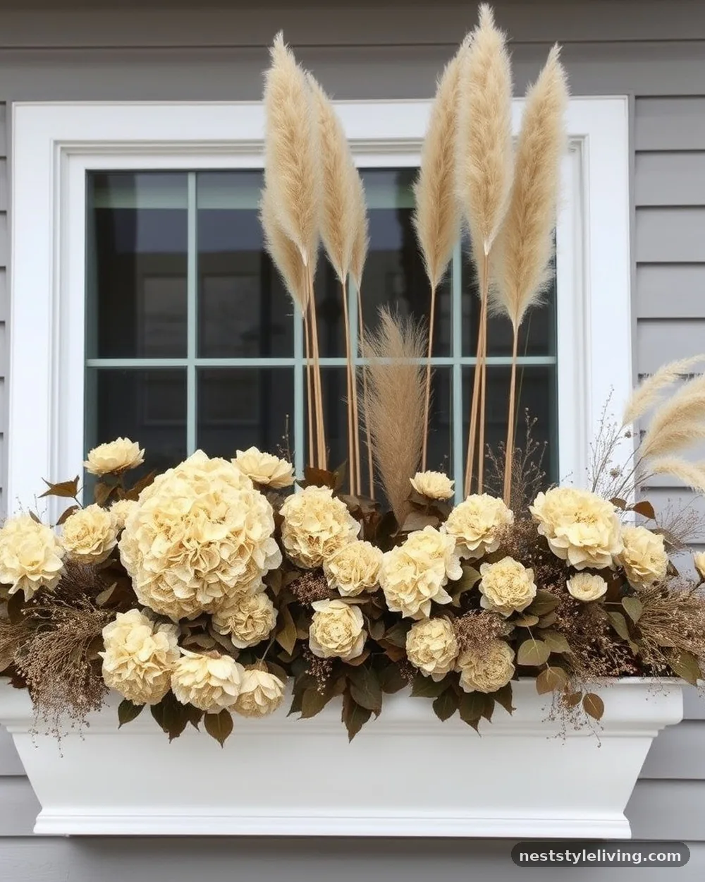 Dried Hydrangea and Ornamental Grasses - 19 Winter Window Box Ideas That Add Instant Charm