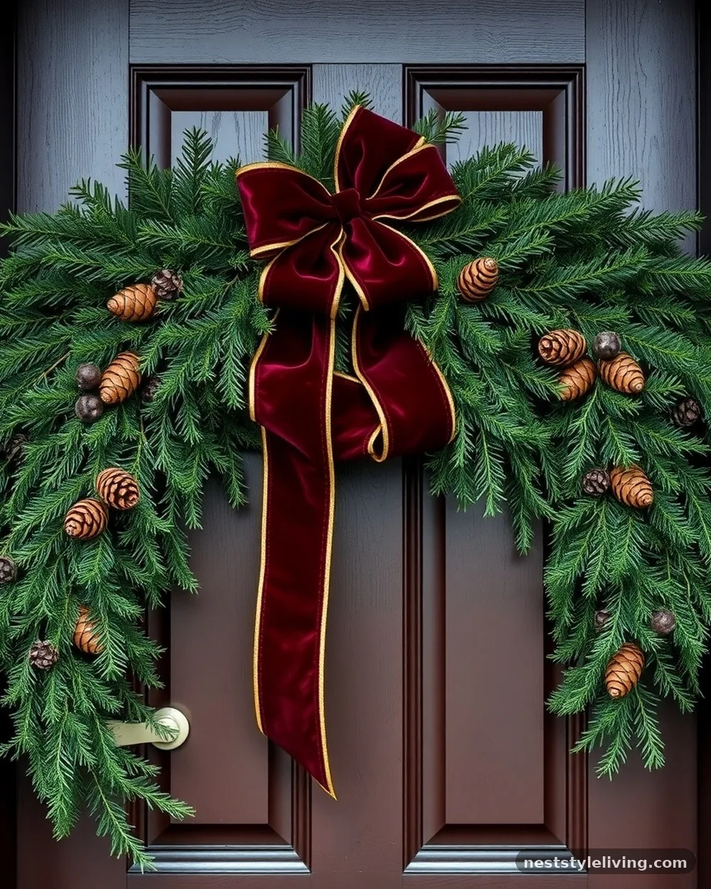 Evergreen Boughs with Velvet Ribbon - 20 Outdoor Christmas Decorations to Brighten Your Yard
