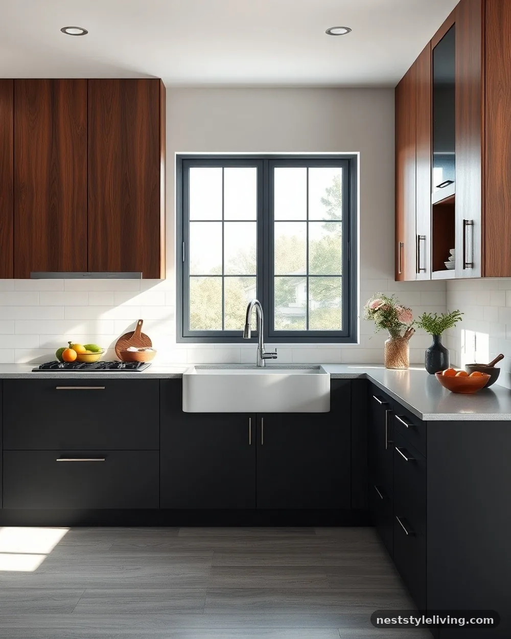 Matte Black and Warm Walnut - 22 Two Tone Kitchen Cabinet Ideas to Try at Home