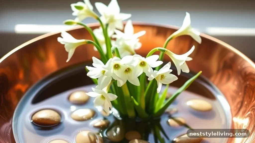 Paperwhites in a Shallow Copper Bowl - 18 Winter Floral Arrangements for a Magical Home