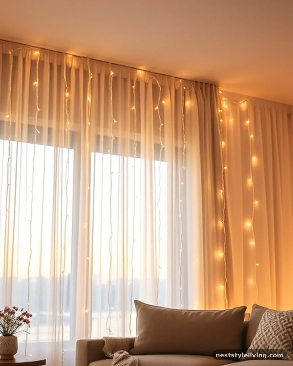 Warm White Fairy Light Curtains - 20 Christmas Living Room Ideas for a Cozy Home