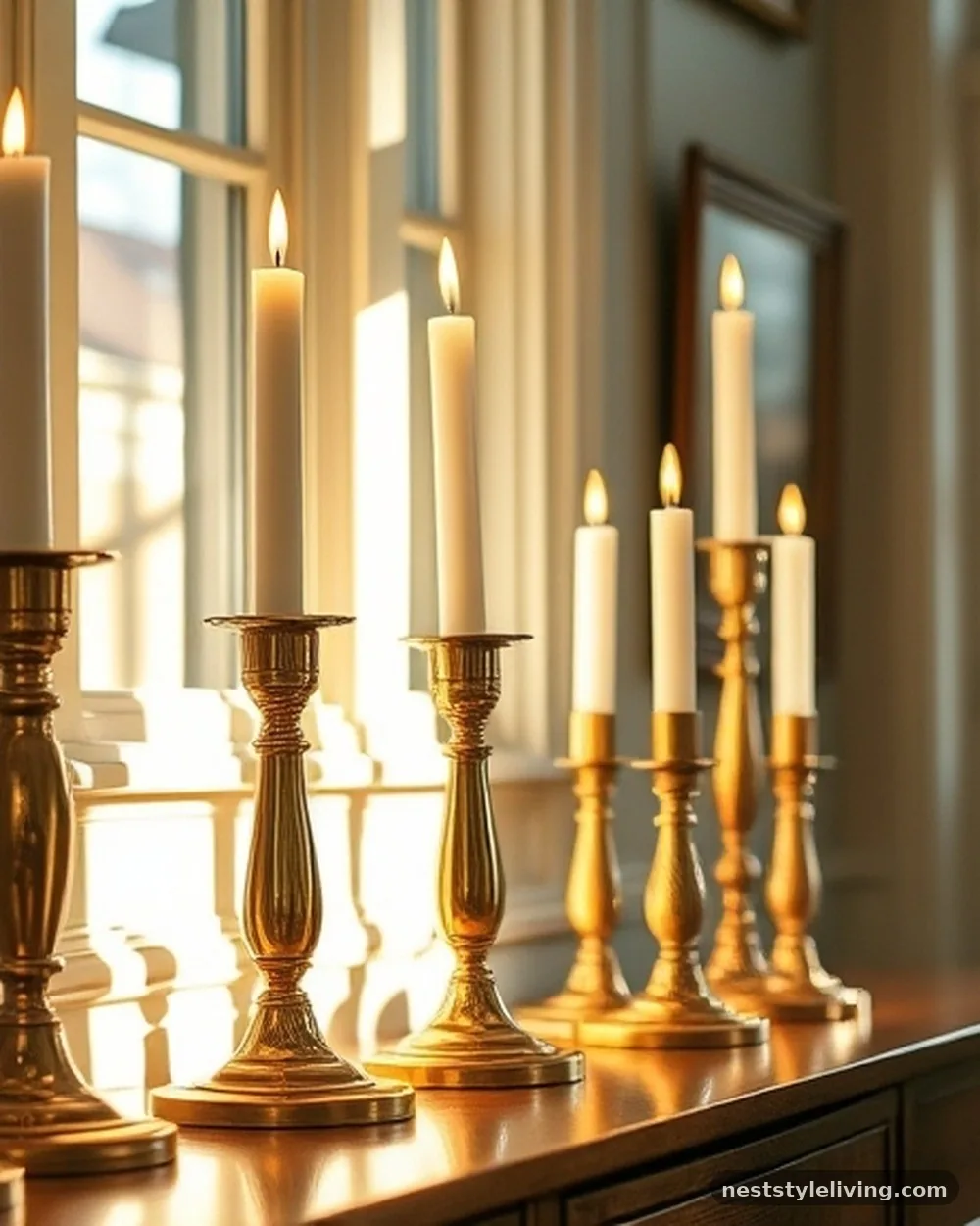 Brass Candlesticks with Taper Candles - 20 Christmas Living Room Ideas for a Cozy Home