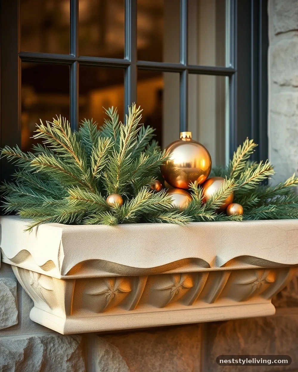 Cedar Sprigs and Copper Accents - 19 Winter Window Box Ideas That Add Instant Charm