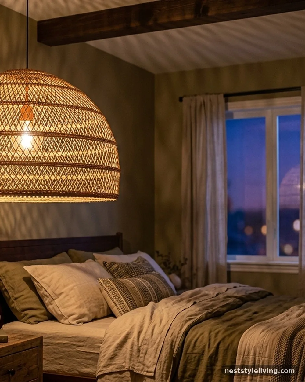 Hand-Woven Rattan Pendant Lights - 18 Earthy Boho Bedroom Ideas for a Calm Cozy Retreat