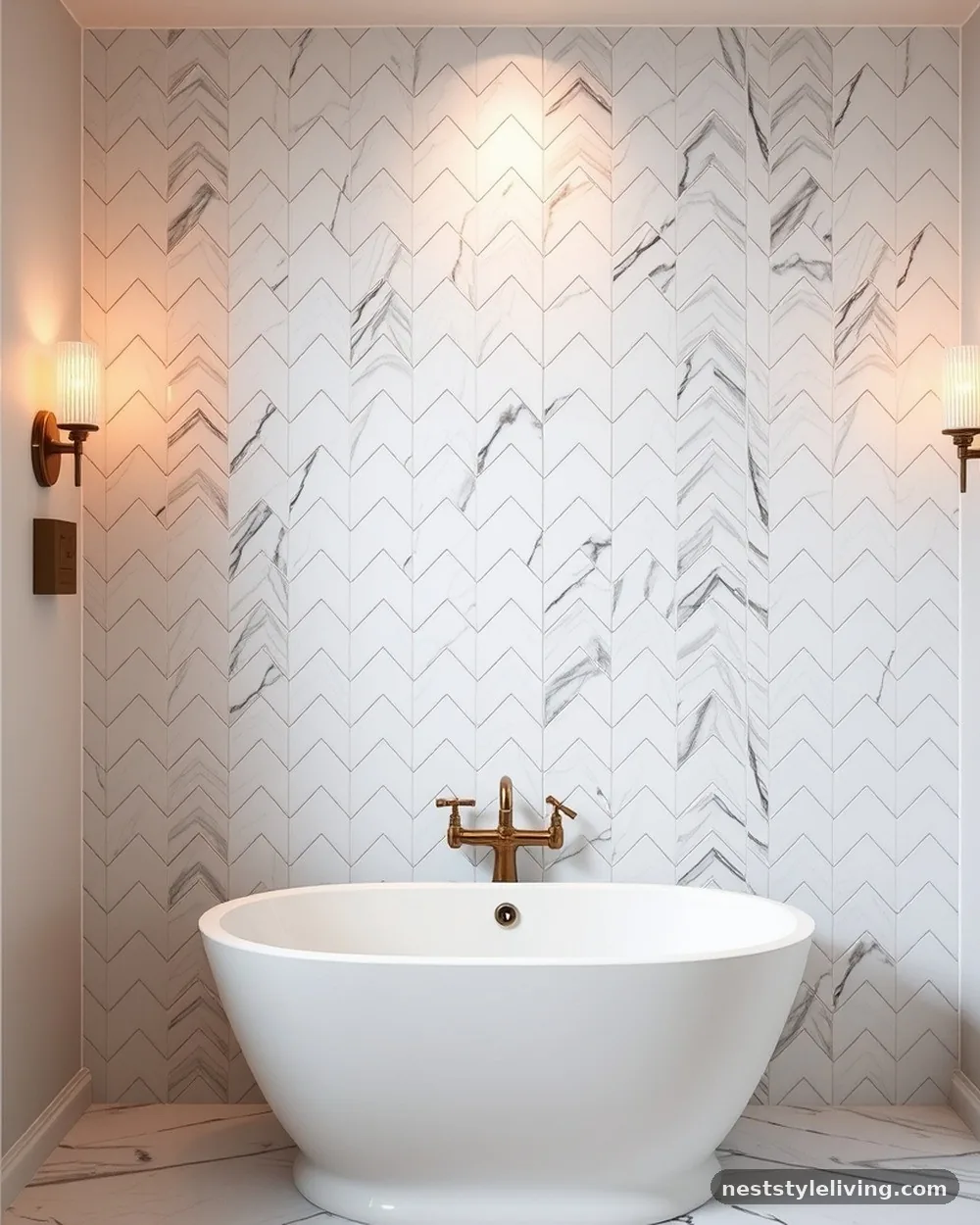Herringbone Marble Wall Accents - 14 Black and White Bathroom Ideas That Look Timeless
