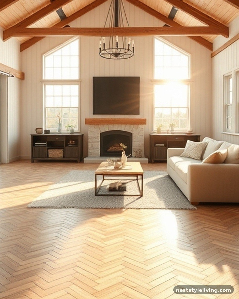 5. Herringbone Patterned Wide-Plank Oak Flooring