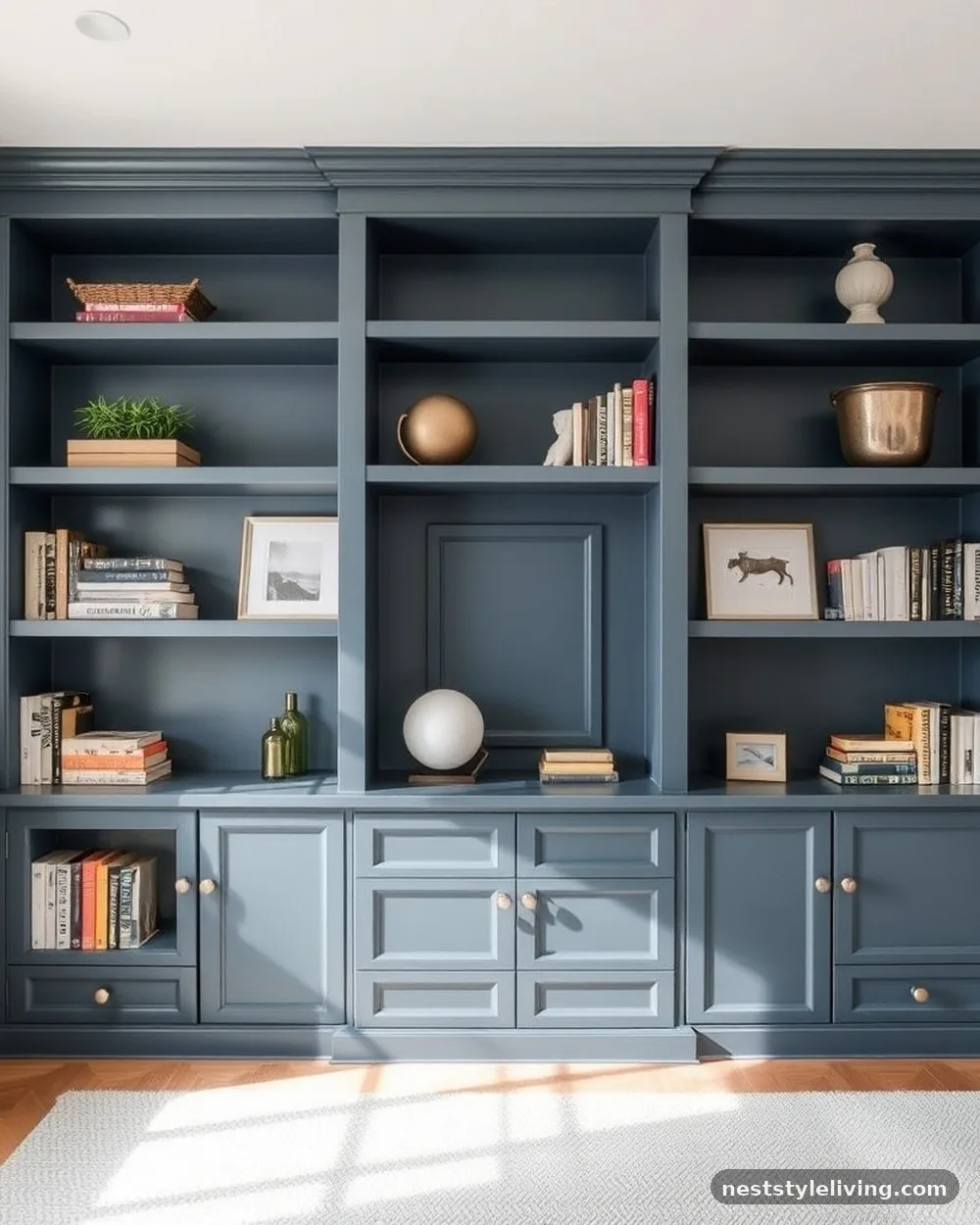 Slate Blue Built-in Cabinetry - 19 Blue Living Room Ideas That Make a Bold Statement