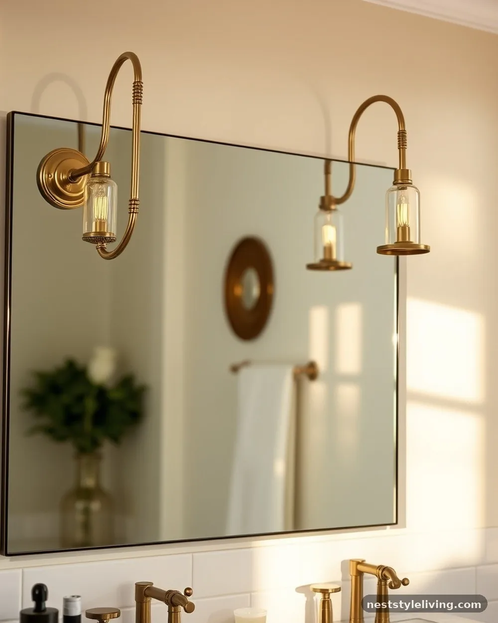 Brass Sconce Lighting - 20 Modern Farmhouse Bathroom Ideas to Copy Now