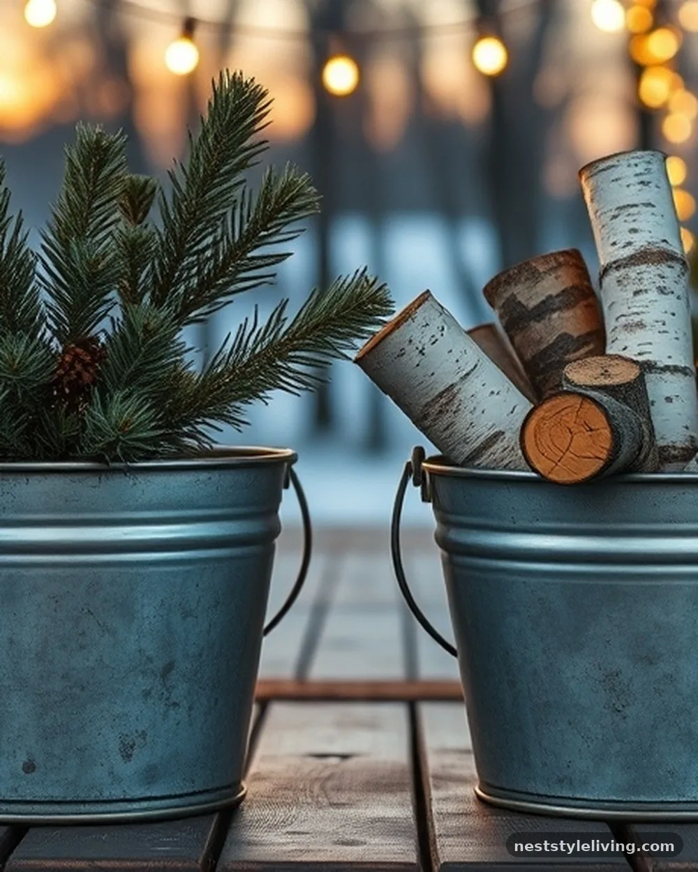 Galvanized Metal Buckets - 19 Christmas Front Porch Decor Ideas to Wow Guests