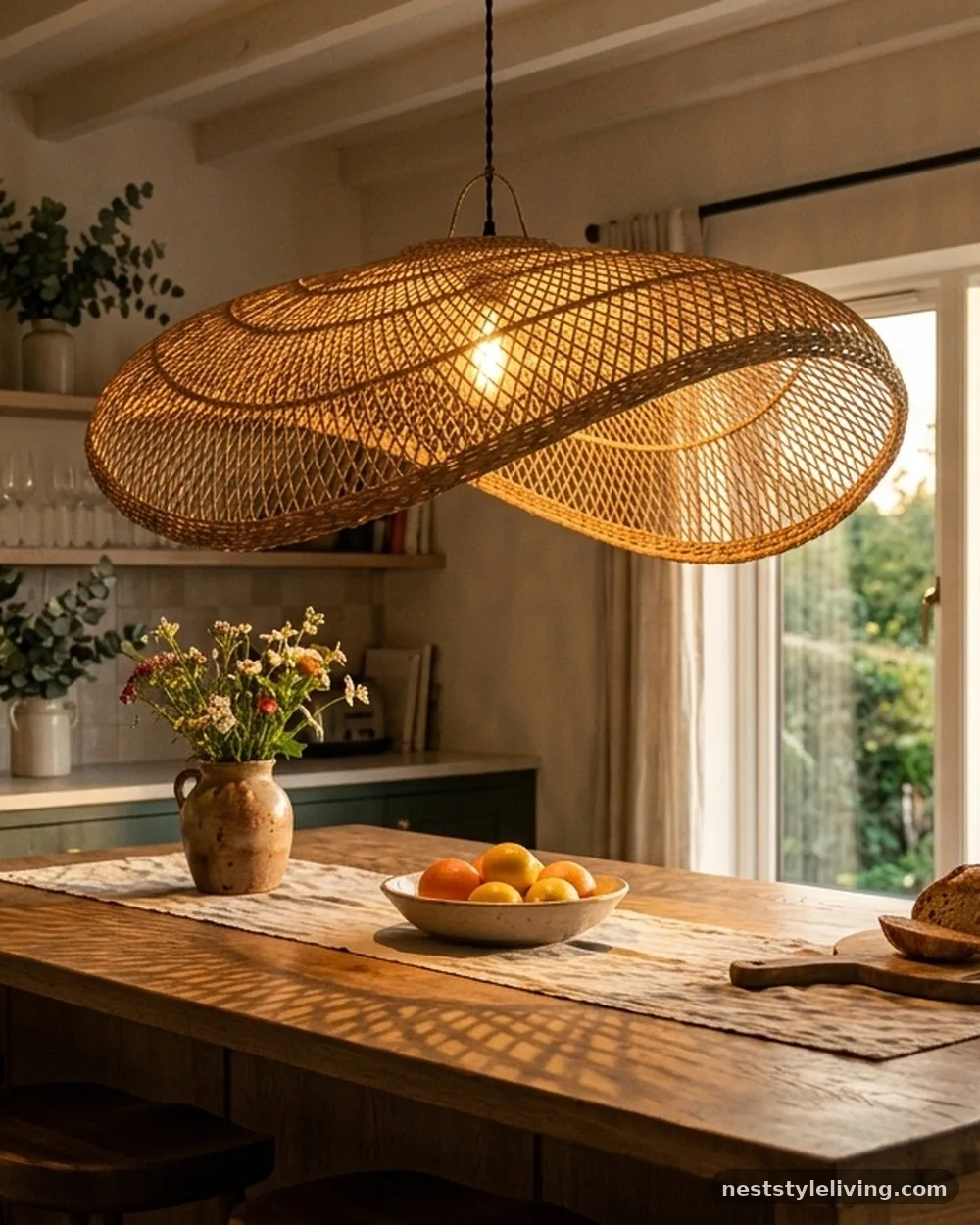 Rattan and Wicker Pendant Lighting - 16 Boho Kitchen Ideas That Feel Collected and Beautiful