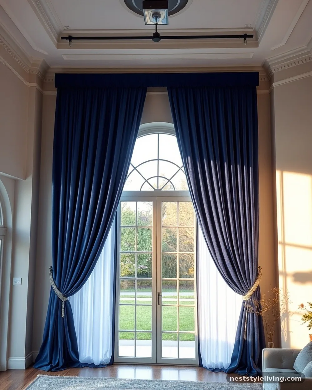 Sapphire Blue Floor-to-Ceiling Curtains - 19 Blue Living Room Ideas That Make a Bold Statement