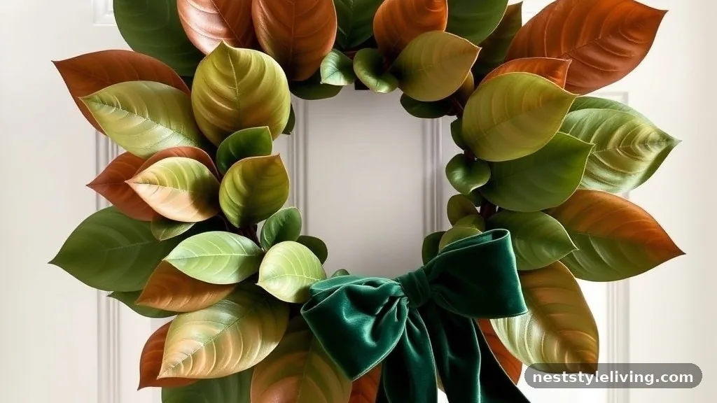 Velvet Ribbon and Magnolia Leaf Cascade - 16 Christmas Wreaths to Make Your Door Stand Out