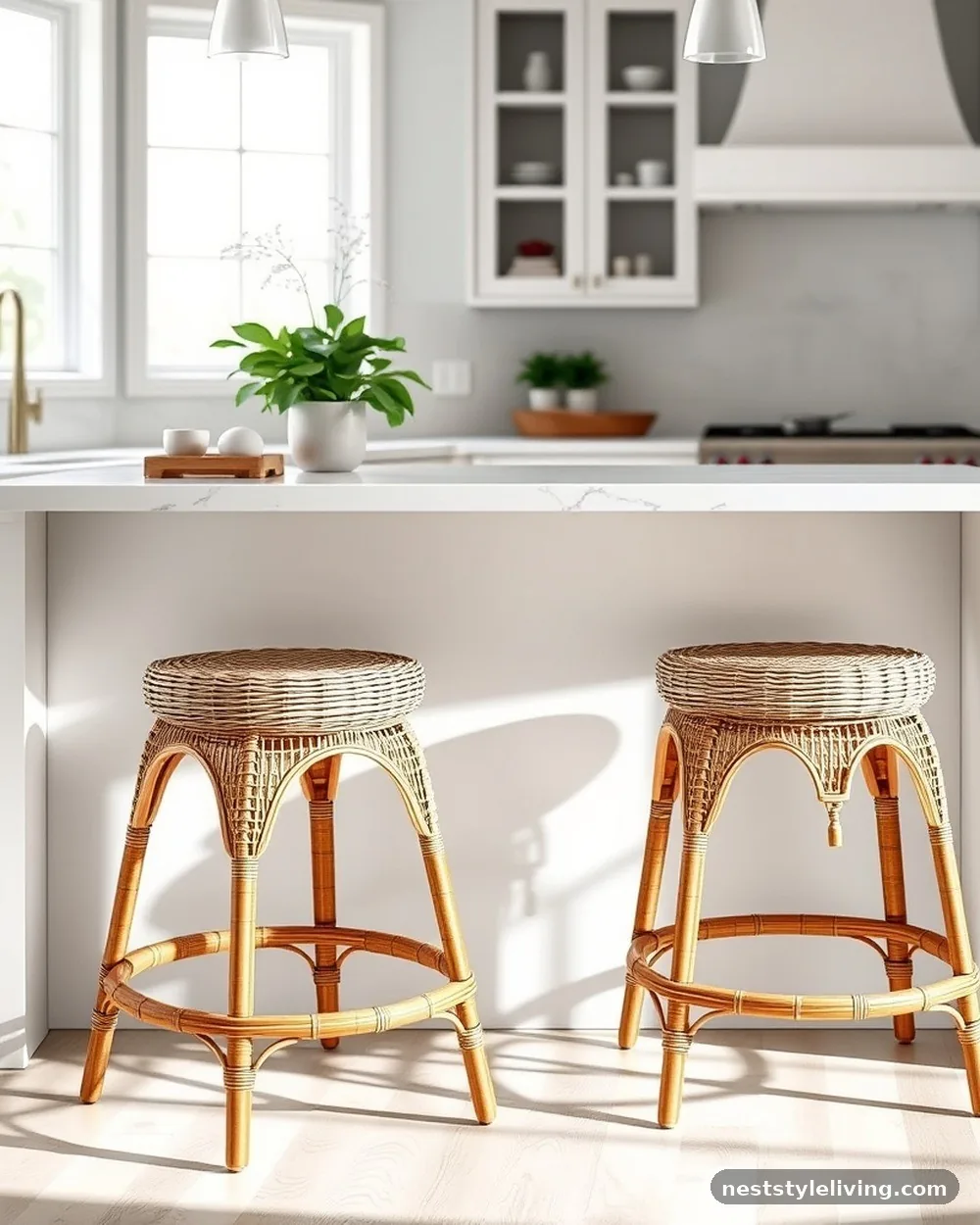 Woven Rattan Bar Stools - 15 Warm Neutral Kitchen Ideas for a Cozy Stylish Look