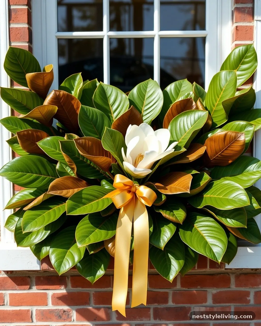 Magnolia Leaves and Gold Ribbon - 19 Winter Window Box Ideas That Add Instant Charm